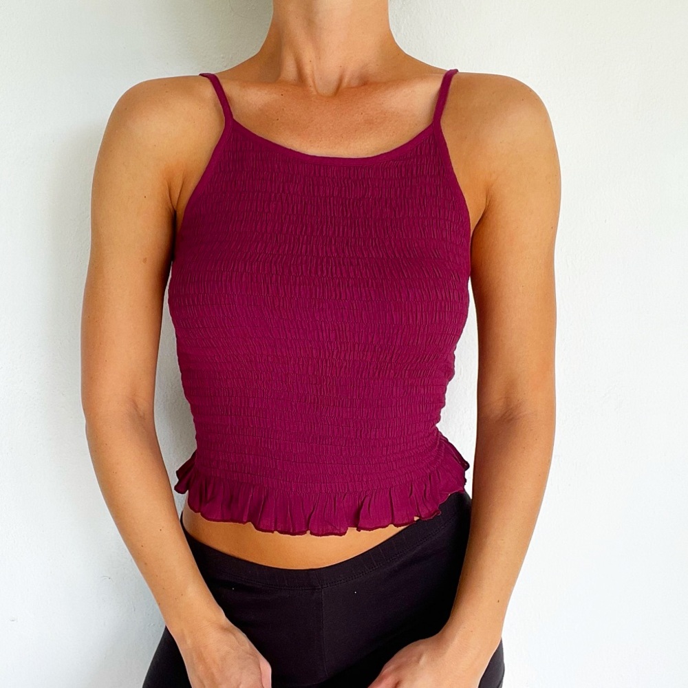 Paper Crane plum elastic fit spaghetti strap ruffle top size small